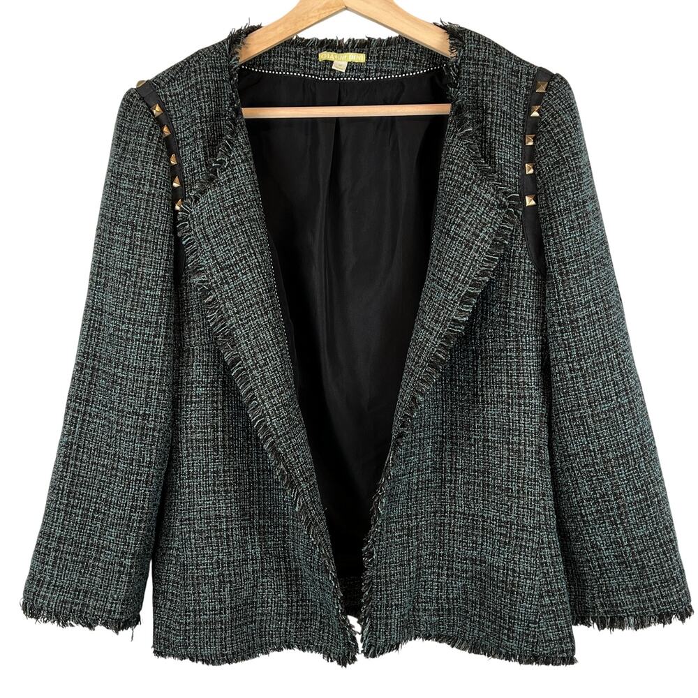 Gianni Bini Tweed Studded Open Front Jacket Blazer Women M Green Black Gold Edgy